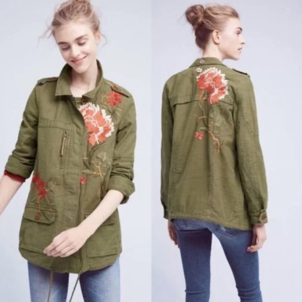 Anthropologie Hei Hei SM Floral Embroidered Field Utility Jacket Military Green